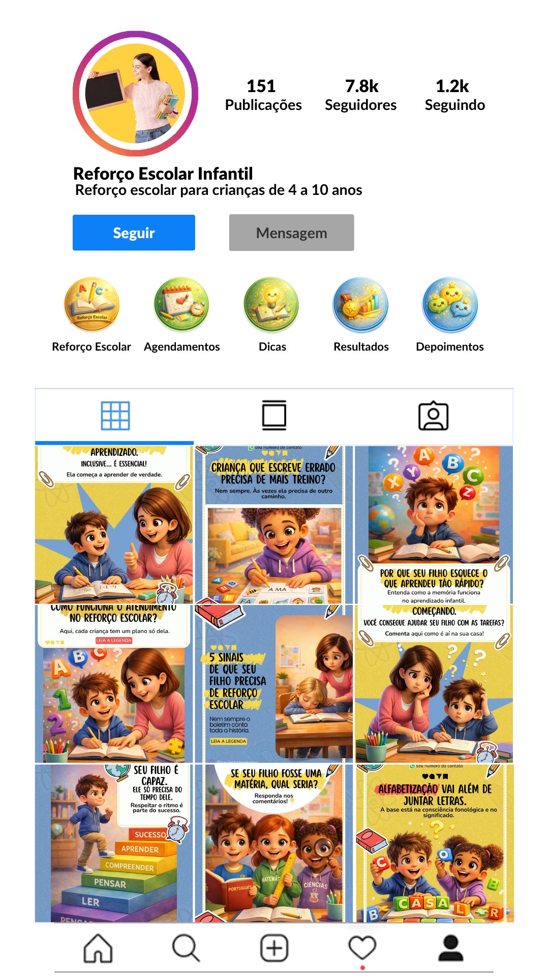 Exemplo de perfil profissional de reforço escolar no Instagram, com feed de posts prontos